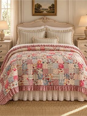 POTTERY BARN Patchwork Floral Ruffle Quilt Full/Queen Cottagecore